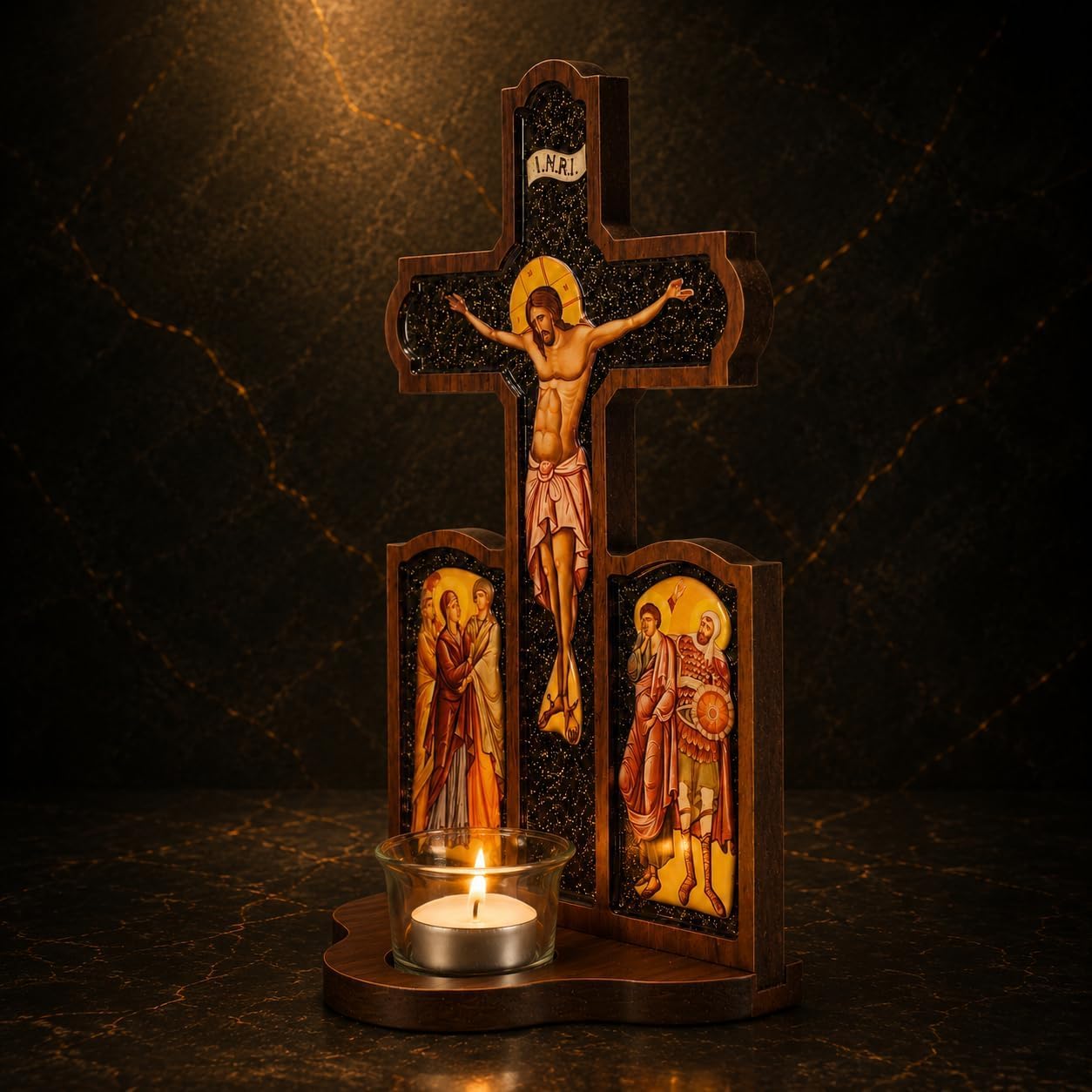 misticSparks Kruzifix aus Holz mit Ikonen und Kerzenglas, christliches Kreuz in Buntglas-Optik für Hausaltar und Gebetsecke, Geschenk zu Taufe, Kommunion und Hochzeit
