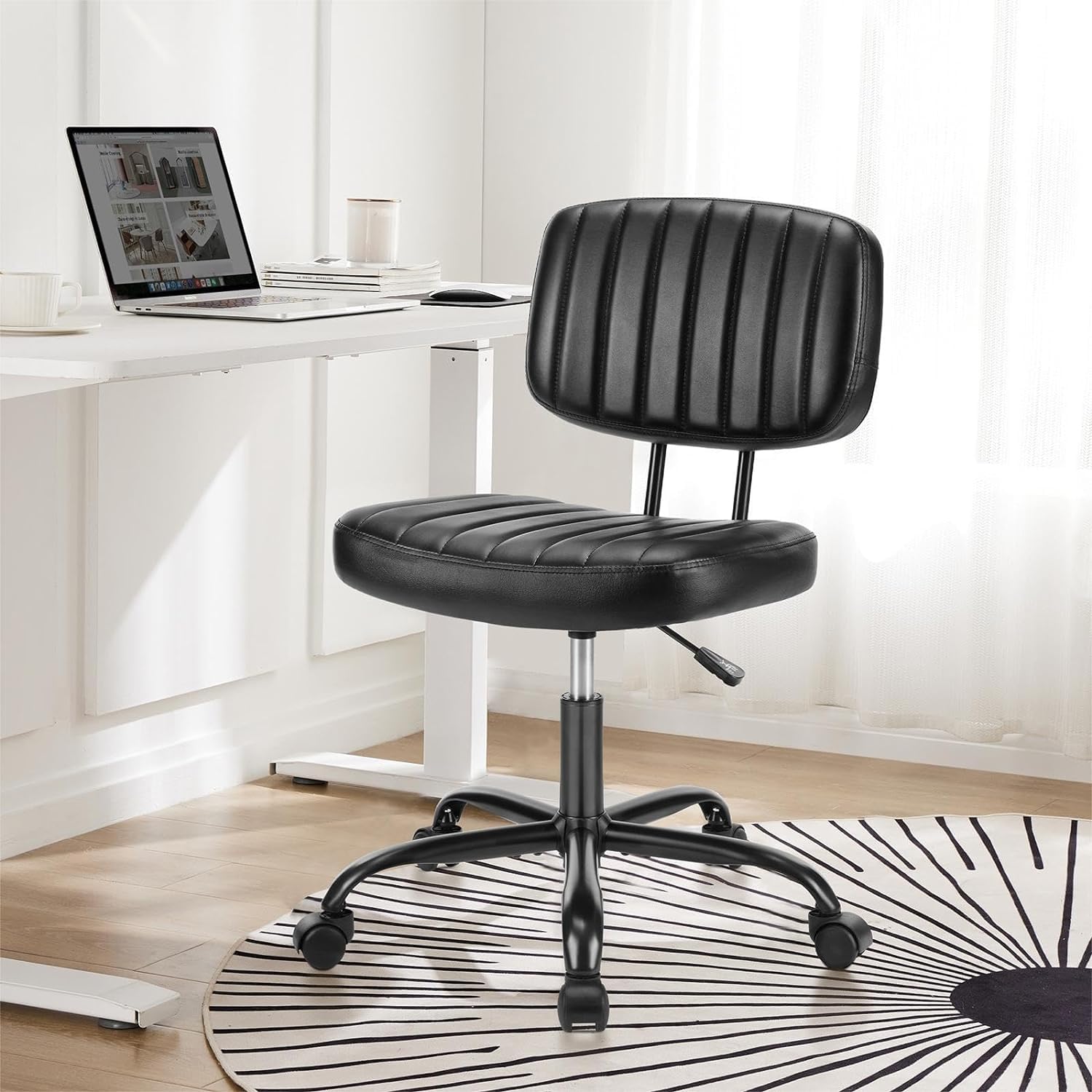 DUMOS Armless Home Office Ergonomic Desk Low Back Lumbar Support, Height Adjustable PU Leather Computer Task Chair with 360° Swivel Rolling Wheels, for Small Space, Black