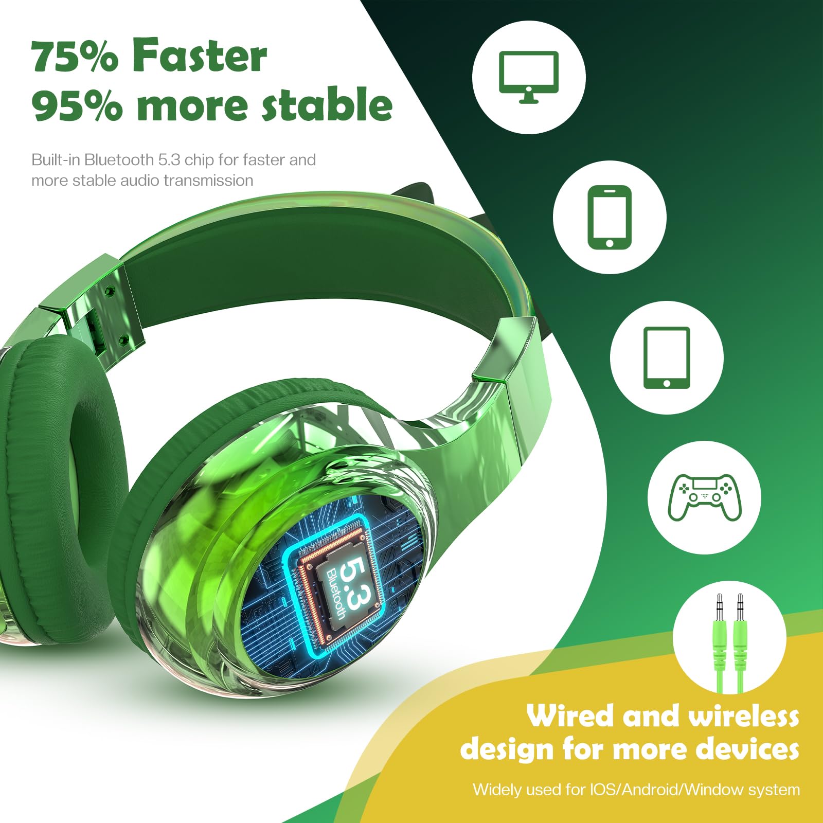 JYPS Bluetooth Kopfhörer Kinder, Metallisch Kabellose Kopfhörer Kinder Over Ear mit 74/85dBA Lautstärkebegrenzung, 40 Stunden Spielzeit, ab 3 5 6 7 für iPad/Schule/Tablet (Dinosaurier, Grün)