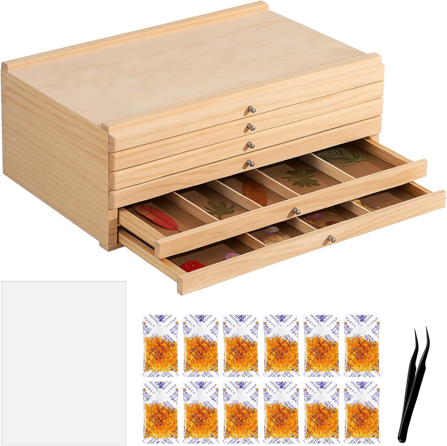 6 Drawer Wooden Pressed Flower Storage Box Set Artist Supply Storage Organizer with Blotting Paper, Desiccant and Tweezers Dried Flower Drawer Box Supply Art Organizer