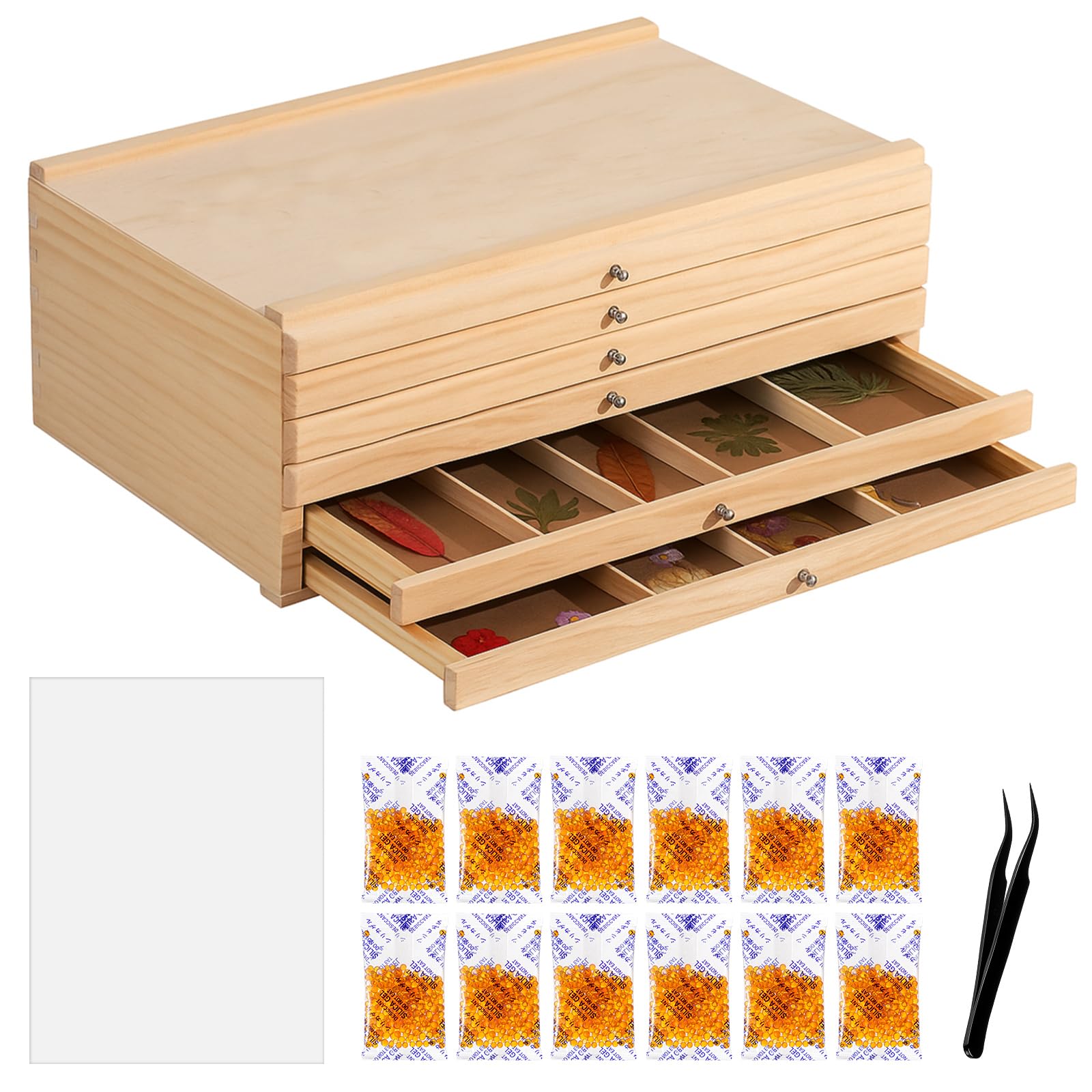 AceOrbit Aufbewahrungsbox aus gepresstem Holz mit 6 Schubladen, Künstlerbedarf, Aufbewahrungs-Organizer mit Löschpapier, Trockenmittel und Pinzette, getrocknete Blumen, Schubladenbox, Kunst-Organizer