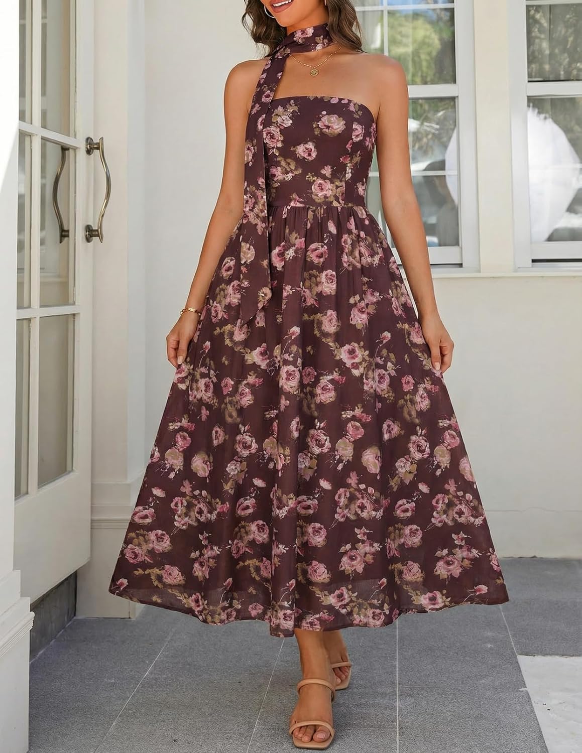 MEROKEETY Women's Summer Floral Maxi Dresses 2026 Strapless Tube Smocked Tie Boho Beach Wedding Guest Flowy Long Sundress