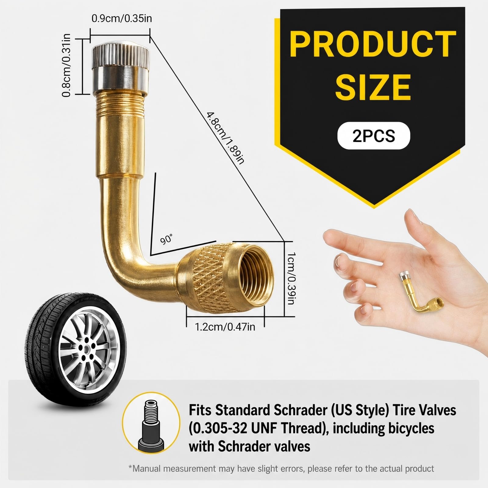 2 Pezzi Prolunghe per Valvola 90 Gradi in Ottone, Prolunga Valvola Pneumatici, Adattatore Valvola ad Angolo per Valvola Auto AV, Estensione per Auto, Moto, Bici, Scooter, Camper e Carriola