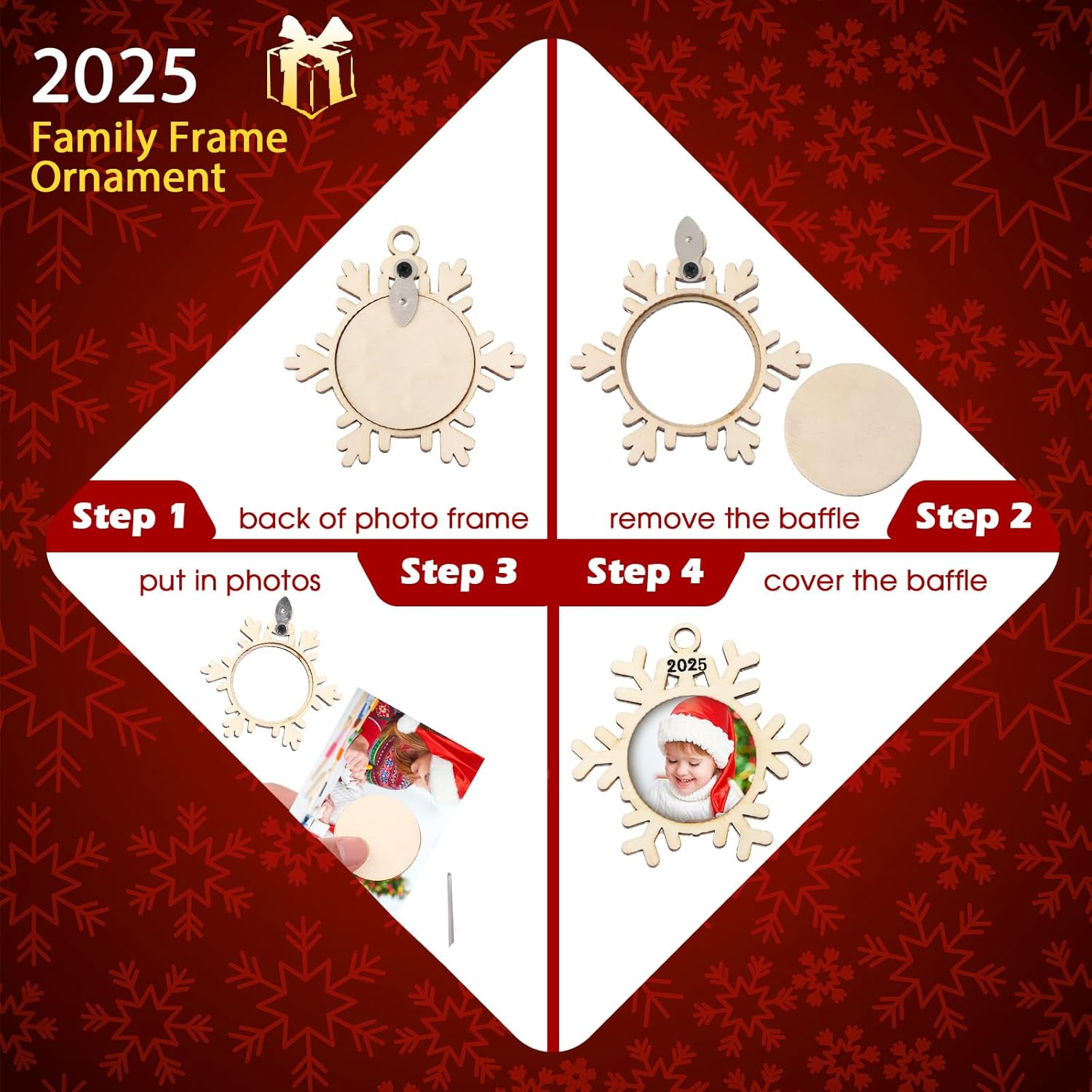 12 pcs Christmas Photo Frame Ornaments Wooden Snowflake Picture Hanging Christmas Tree Decoration DIY Xmas Buffalo Plaid Photo Frame Keepsakes for Xmas Party Anniversary Decorations Winter