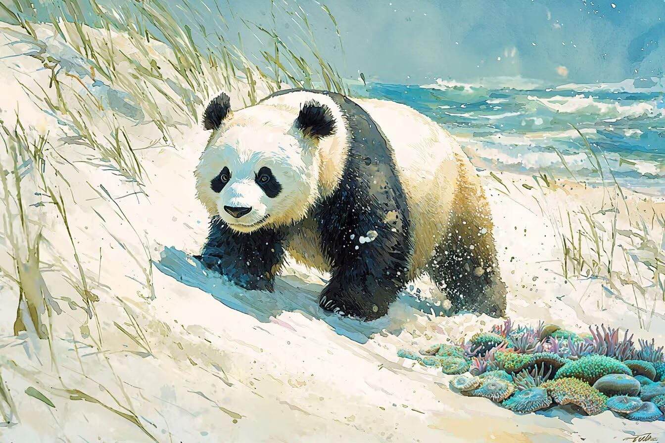 Malowanie po numerach, plaża, panda, DIY, malowanie na płótnie, malowanie z pędzlami farby akrylowe, idealne do malowania według numerów, dla dorosłych i początkujących, do dekoracji ścian domu, 61 x