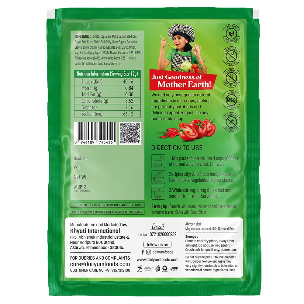 Dailyum Instant Tomato Soup | Pack of 5 | Ready To cook Instant Soup |100% Natural | No MSG | No Chemical Preservatives | No artificial Flavours | Reg | Each 50g pack Serves 4