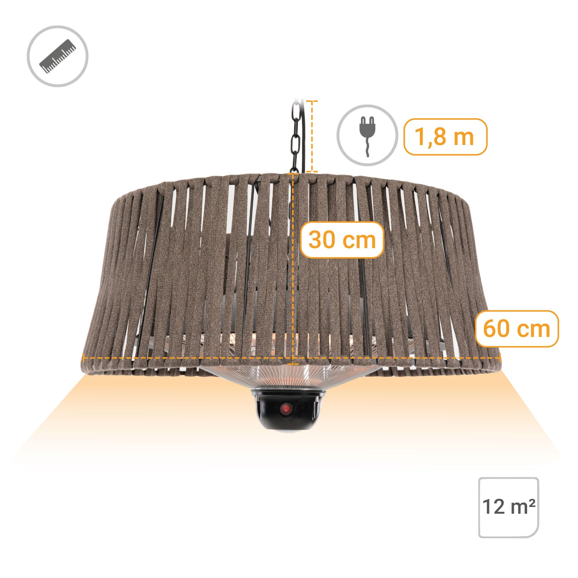 SUNRED Infrarot-Hängeheizstrahler Terasse braun mit OLEFIN-Schirm und LED-Lampe Deckenmontage 1800 W - Terrassenheizer außen 3 Heizstufen, Fernbedienung Deckenmontage widerstandsfähiges Olefin-Gewebe