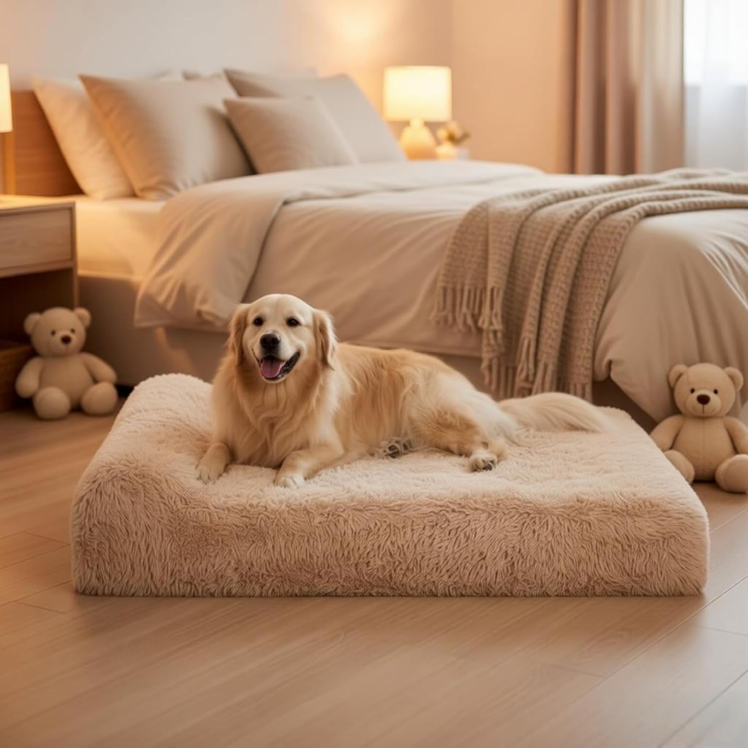 Jumbo Orthopedic Dog Bed for Large Dogs - 7-inch Thick Memory Foam Dog Bed with Pillow Removable Cover Machine Washable, Giant | 50 inch, Beige