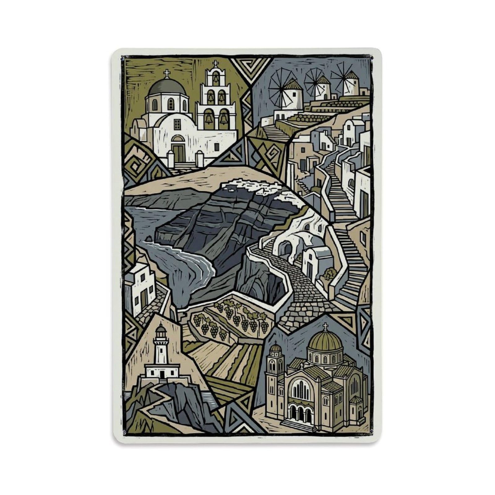 Aegean Island Santorini Stone Steps Caldera Village Metal Tin Sign Plaque Wall Decor for Cafe, Man Cave, Club Bar, Office, Home Garden Round Metal Poster 8x12Inch