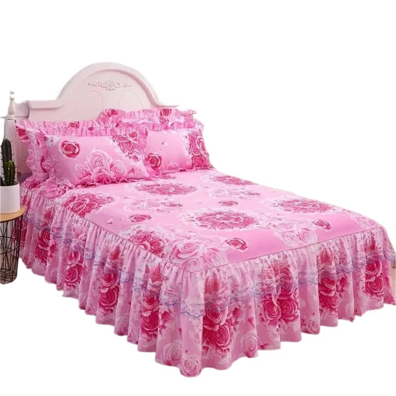 Ruffled Bed Skirt 3pcs Set Sanding Lace Bedspread Queen Bed Skirt Thickened Two-Layer Single Double Ruffle Cover(Khaki,3pcs 180x200cm)