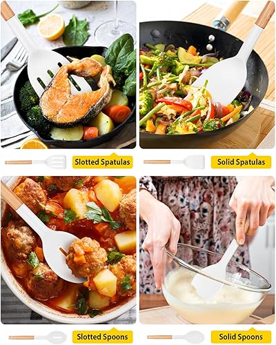 Miniatura 5 de Juego de 4 utensilios de cocina de silicona, espátulas sólidas antiadherentes y cucharas ranuradas resistentes al calor con mango de madera, juego