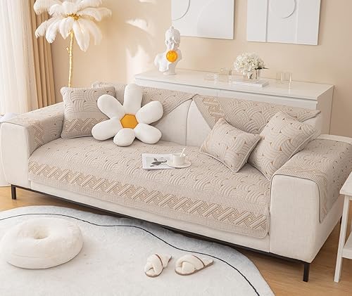 Miniatura 3 de vctops Funda acolchada de algodón de color liso para sofá, con patrón de tejido suave, funda de sofá modular con bordado antideslizante para perros,