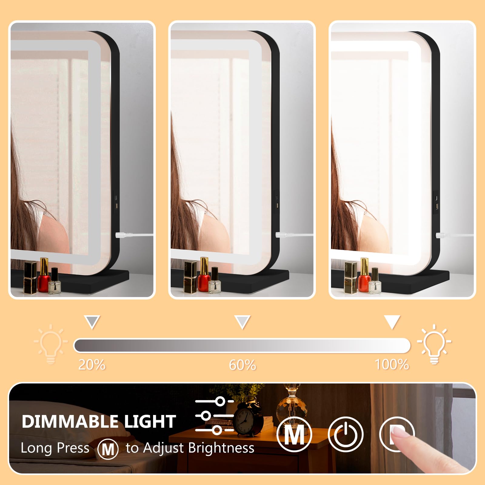 Ratsamee Miroir de courtoisie noir de 66 x 50,8 cm avec lumières, miroir de maquillage LED, miroir de maquillage éclairé avec 3 lumières de couleur à intensité variable, contrôle d'écran tactile