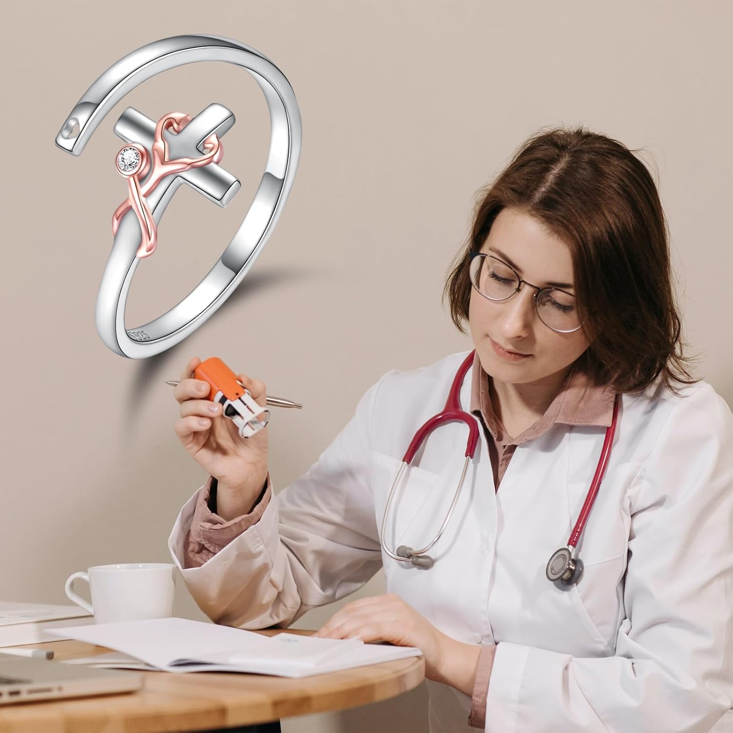 Sterling Silver Stethoscope Cross Necklace Earrings Bracelet Ring Women Medicine Pendant Jewelry Nurse Doctor Graduation Gift for Medical Student - Image 2