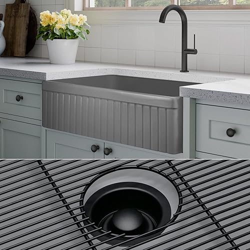 Miniatura 1 de FSW1047AC LUX Fregadero de granja de arcilla de fuego sólido de 33 pulgadas, gris mate, acceso de cobre antiguo, frontal con flúor