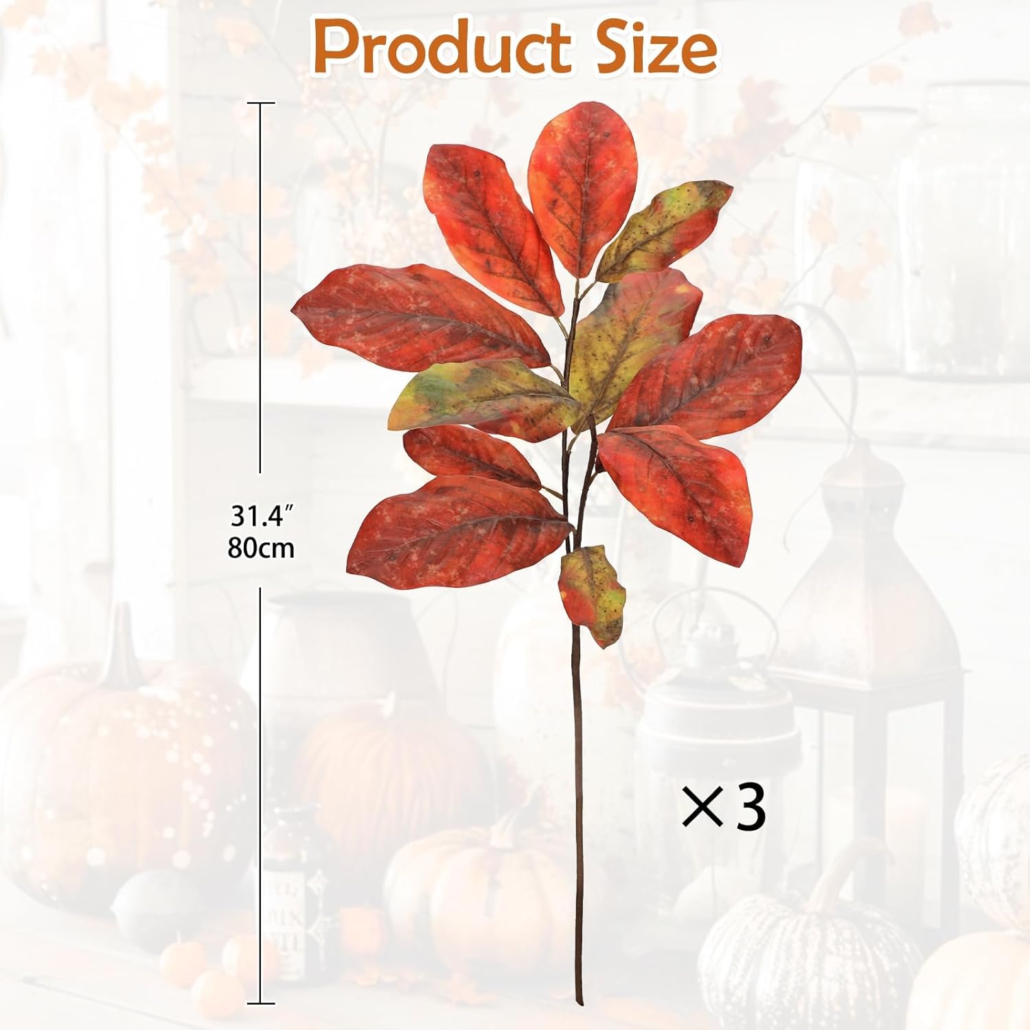 Artificial Magnolia Fall Leaves Stem 31 inch Fake Autumn Foliage Branches Leaf for Home Kitchen Farmhouse Vase Thanksgiving Table Centerpieces Party Decor Orange - Image 3