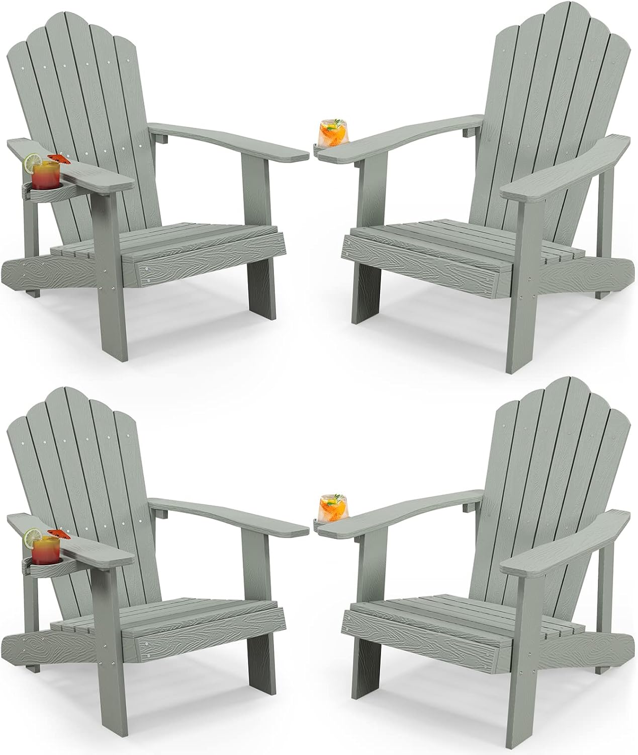 Tangkula Oversized Adirondack Chair, Patio Lounge Chairs w/Adjustable Cup Holder, HIPS Armchairs Slatted Chair, Outdoor Weather Resistant Fire Pit Chair for Deck Backyard Garden Porch (4, Light Grey)