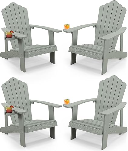 Miniatura 21 de Tangkula Silla Adirondack de gran tamaño, sillas de patio con soporte ajustable para tazas, sillones HIPS con rejillas, resistente a la intemperie