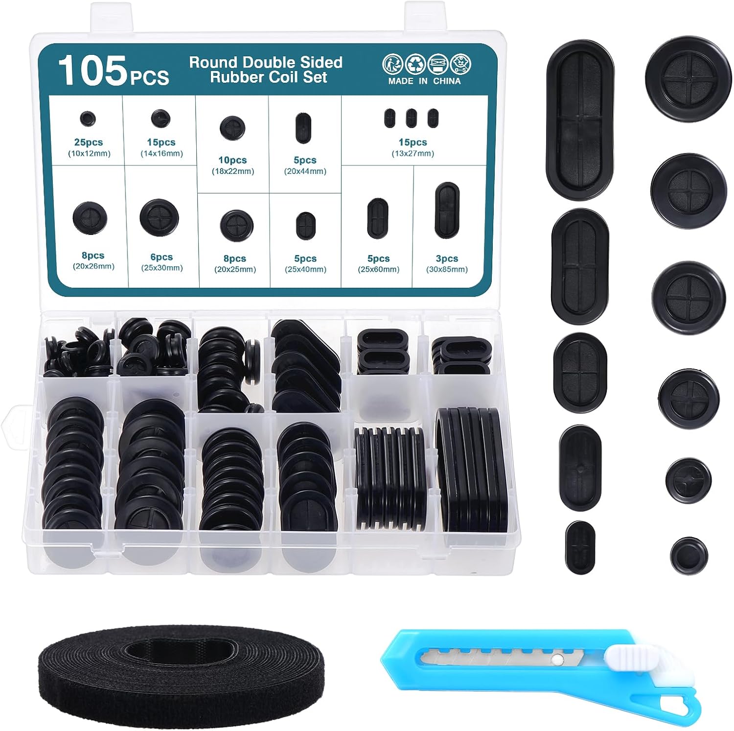 ASSORTIMENTO 125 GOMMINI FORATI E CECHI PASSACAVO DA INCASSO PER CABLAGGIO