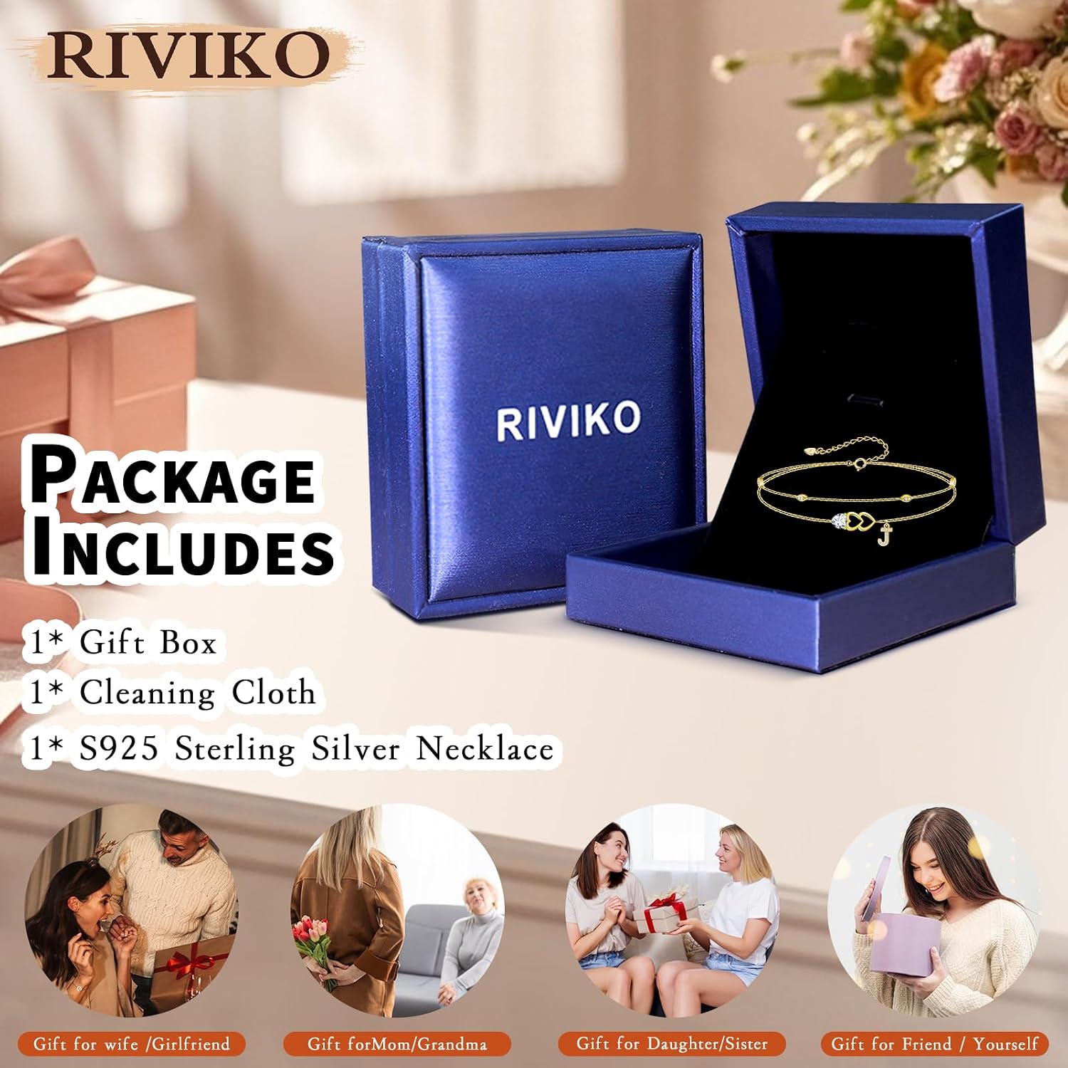 RIVIKO Gold Heart Initial Bracelets for Women,925 Sterling Silver Gold Plated Layered Letter Charm Bracelets,Adjustable Alphabet Personalized Jewelry Christmas Birthday Gifts for Her Wife Mom Friend
