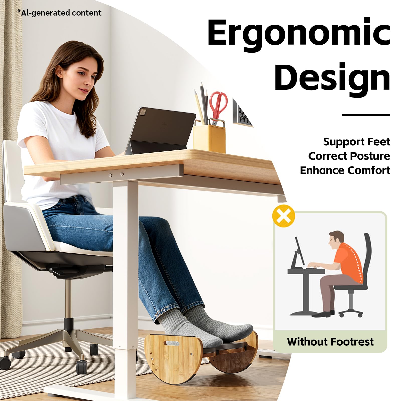 Ergonomische Bambus-Fußstütze unter dem Schreibtisch, 3-in-1 wendbare Schaukel-Fußstütze mit Fußpolstern 4 höhenverstellbare Höhen Bürofußhocker, große rutschfeste Oberfläche, verbessert die Haltung