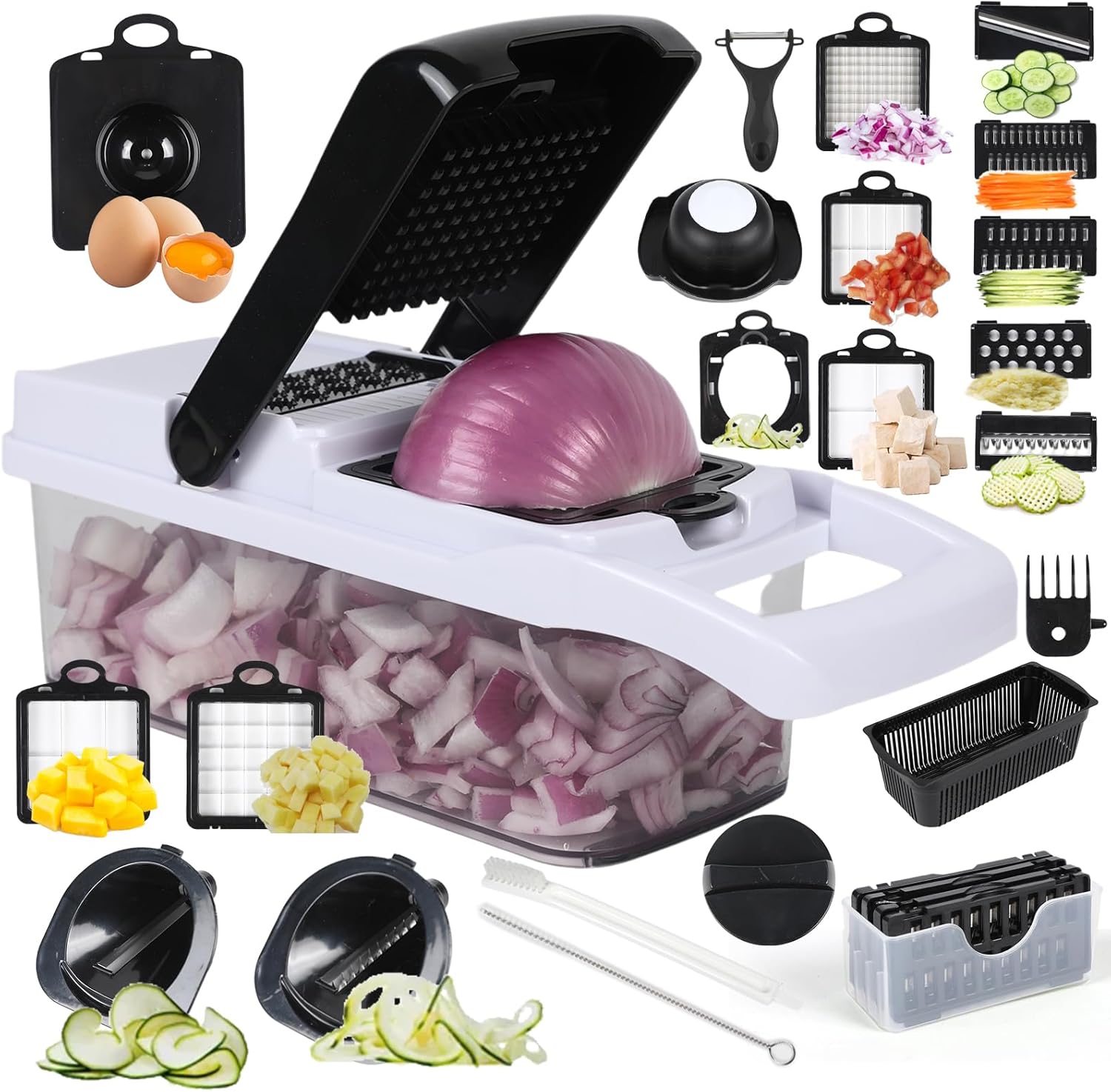 Multifunctional vegetable cutter 26 in 1 vegetable slicer, cucumber slicer, potatoes, tomatoes, zucchini, garlic, eggs, vegetable cutter with container and lid, salad cutter, dicing machine, shredder Multifunctional vegetable cutter 26 in 1 vegetable slicer, cucumber slicer, potatoes, tomatoes, zucchini, garlic, eggs, vegetable cutter with container and lid, salad cutter, dicing machine, shredder