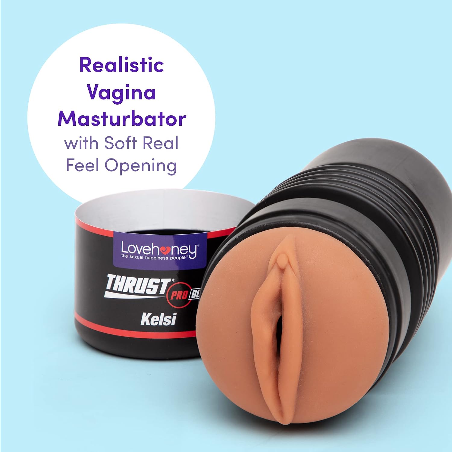 Lovehoney Thrust Pro Ultra Kelsi Male Masturbator Cup - 6 Inch Realistic Vagina with Textured Canal - Vibrator Compatible Male Sex Toy - Self Pleasure Sex Toys for Men - Waterproof - Flesh Tan​