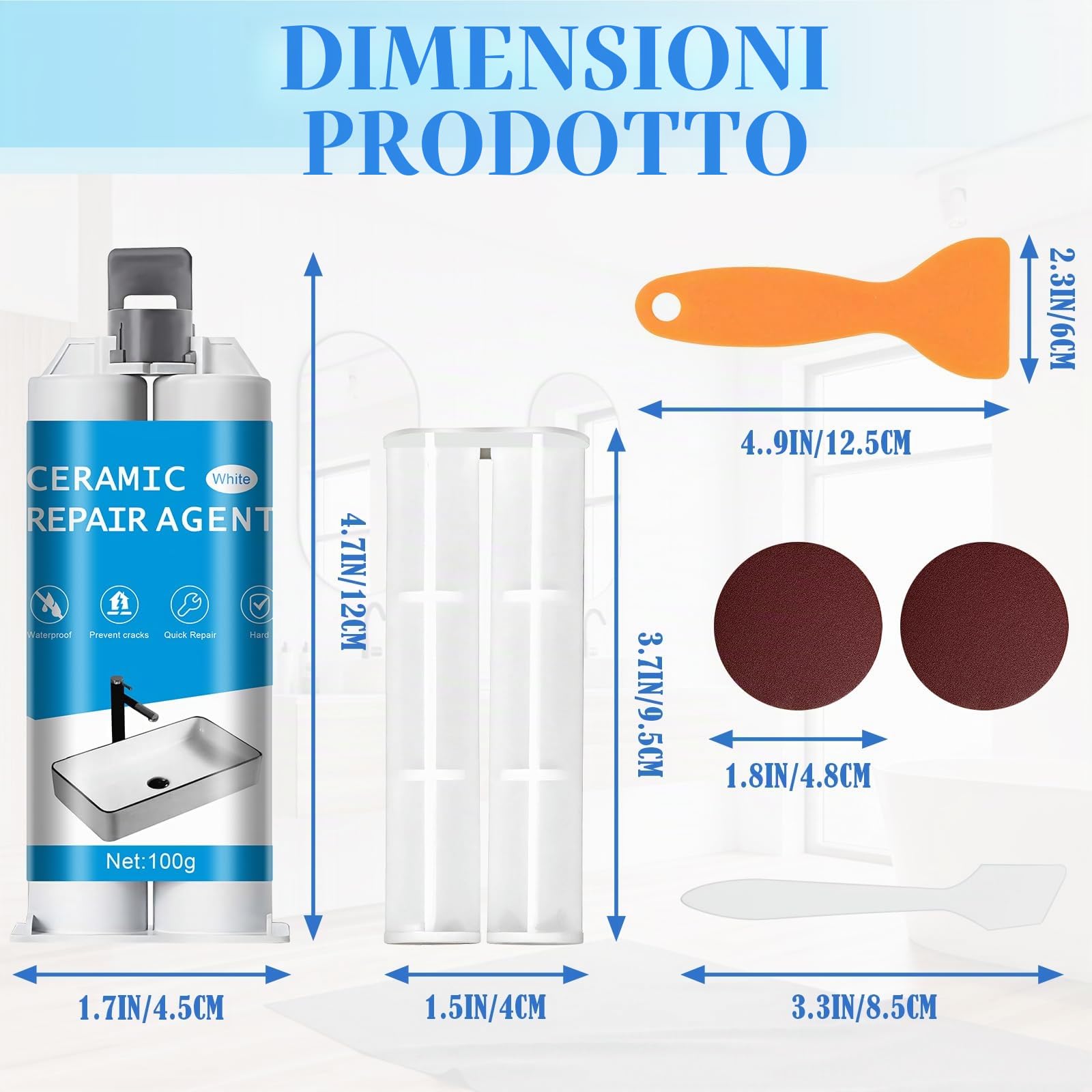 Set di riparazione per piastrelle bianco 100g - Set di riparazione universale per ceramica, vasche da bagno, lavandini - Sigillatura di graffi, buchi, crepe in smalto, porcellana e acrilico