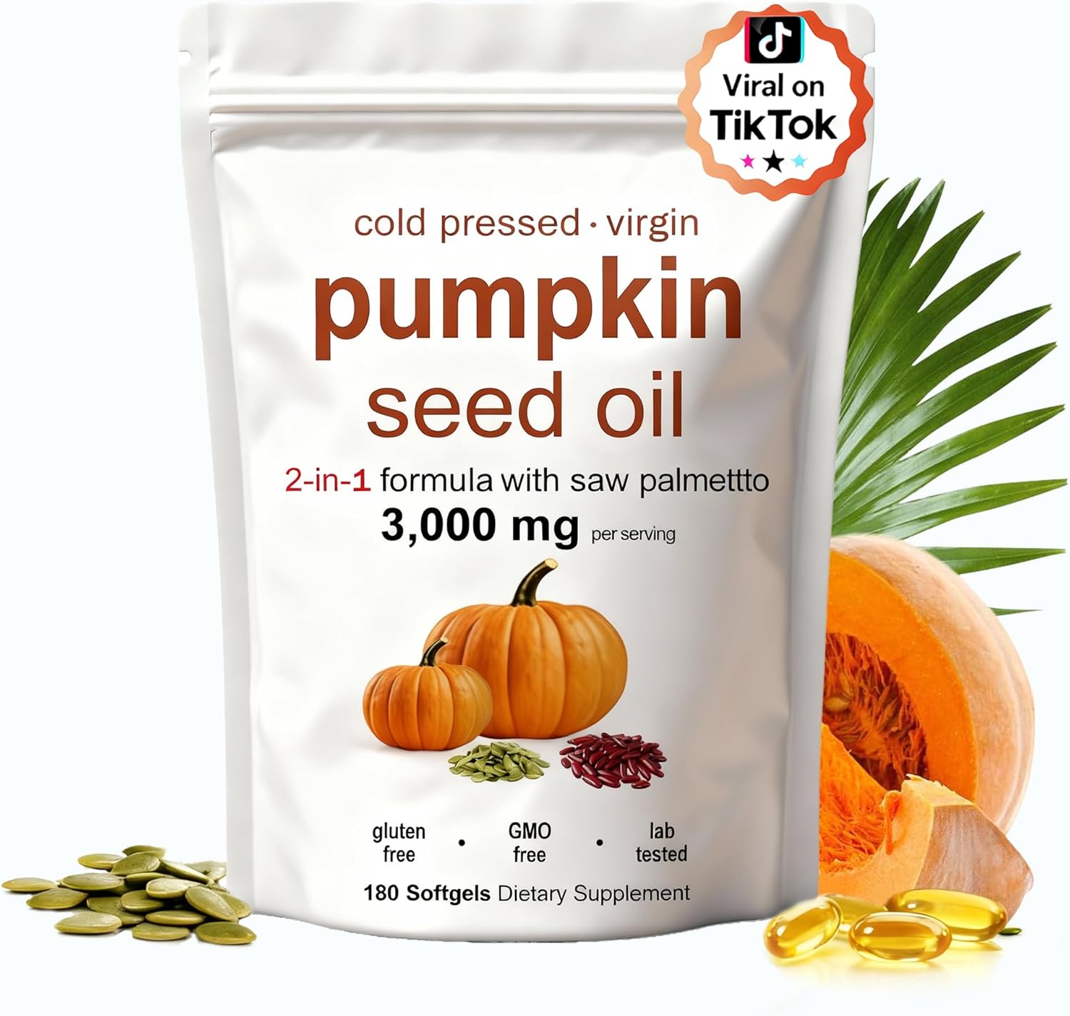 Pumpkin Seed Oil Capsules | Pumpkin Seed Oil with Saw Palmetto - Cold-Pressed | Easy-to-Swallow Softgels – Resealable Package | Non-GMO - 180 Pc/1 Bag (Z-1)