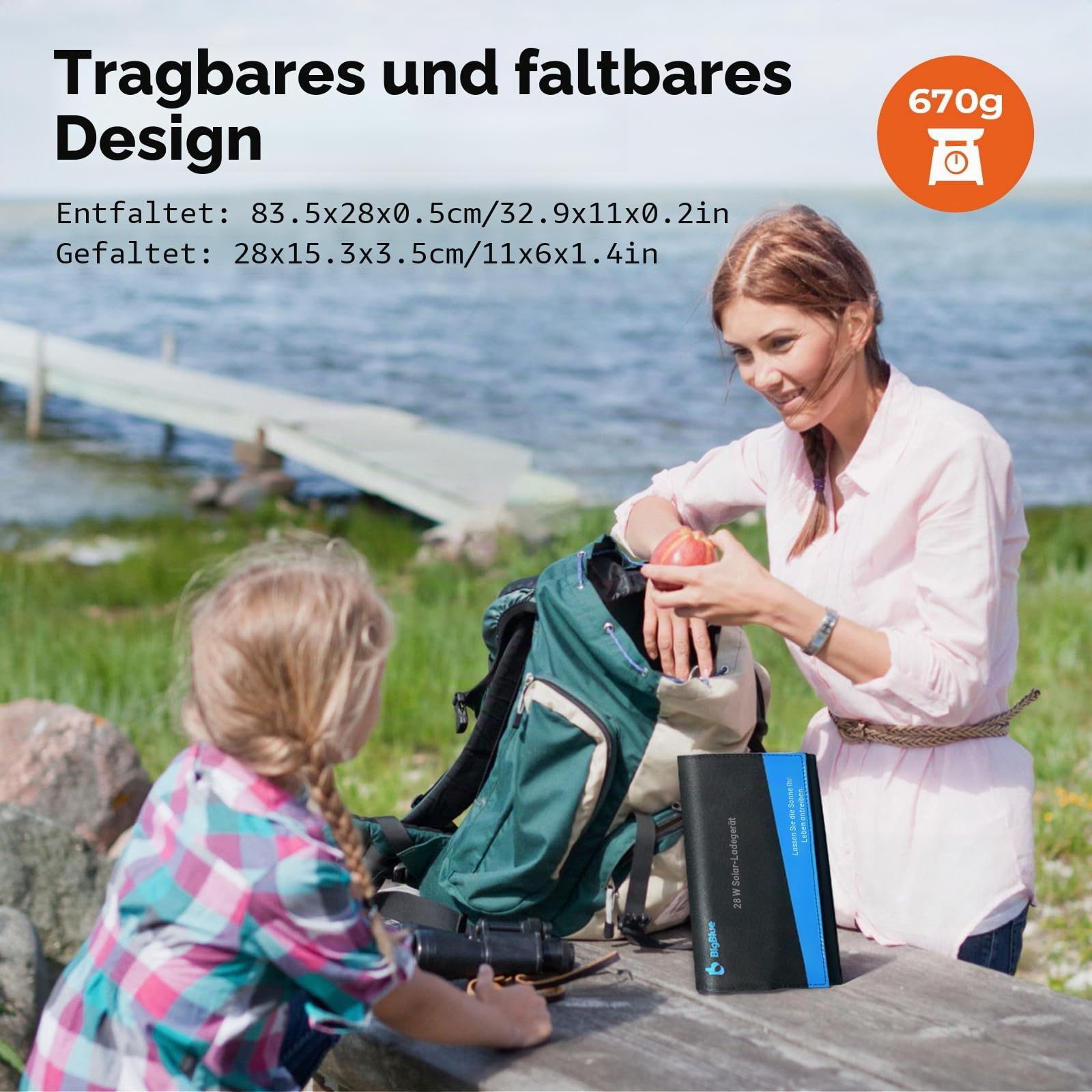 BigBlue 28W Tragbares Solar-Ladegerät mit 2 Ports (USB-C/USB-A), 5V/4A Gesamtausgang, IP44 Solarpanel mit Digital Amperemeter und Reißverschluss-Schutz für Geräte wie iPhone, Android, GoPro und mehr