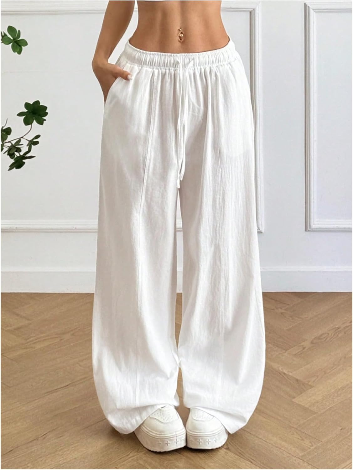 SOLY HUX Women's Summer Wide Leg Flowy Beach Pants Drawstring Waist Loose Palazzo Trousers with Pocket - Image 4
