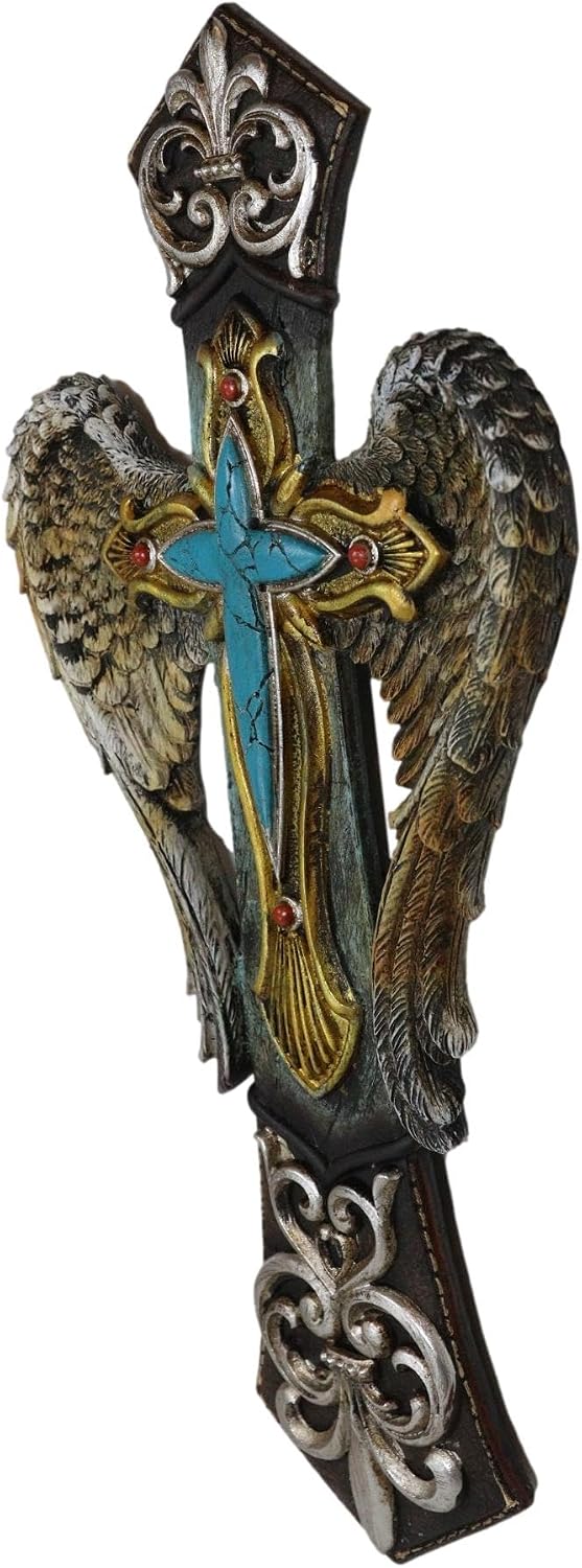 Ebros Gift Rustic Southwest Fleur De Lis Silver Scroll Angel Wings Turquoise Stone Wall Cross Decor Plaque 14" H Christian Inspirational Accent Decorative Crosses