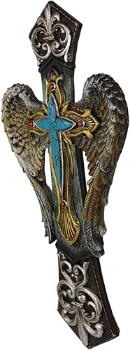 Vista 5 de Ebros Gift Rústico Southwest Fleur De Lis Silver Scroll Angel Wings Turquesa Piedra Cruz Decoración Placa de 14 pulgadas de alto Cristiano