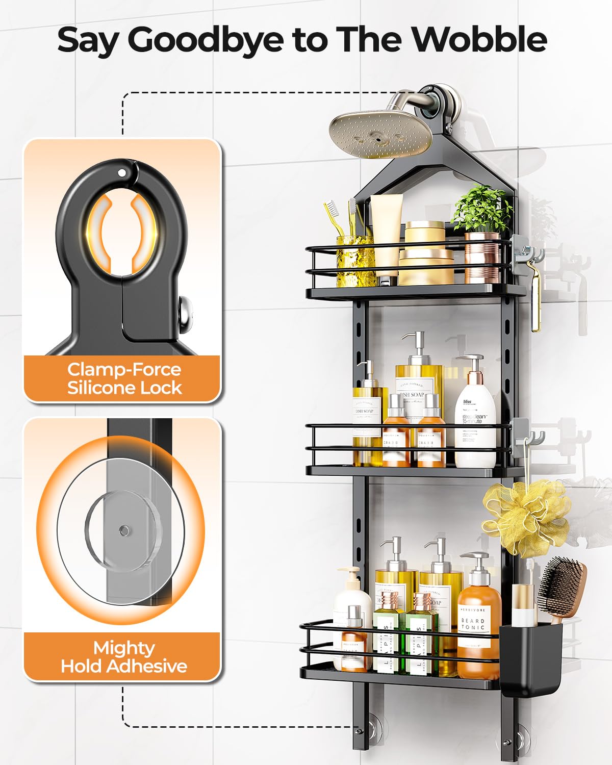 ODesign Estante de ducha para colgar sobre la cabeza, cesta organizadora de baño, sin taladro, resistente al óxido