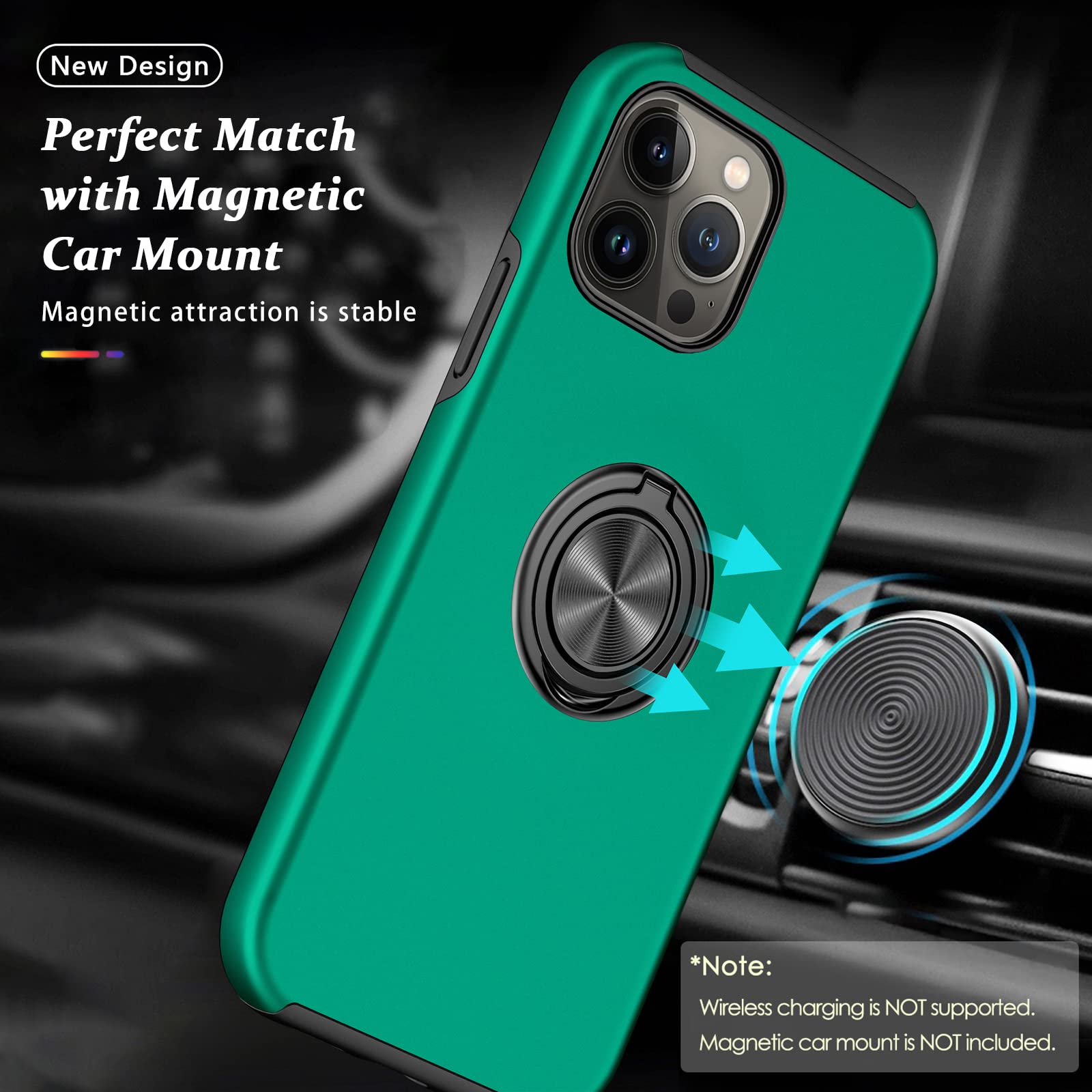 Coque Antichoc pour iPhone 13 Pro, [Anneau de Support magnétique] Coque de téléphone de qualité Militaire avec Support en métal renforcé intégré pour iPhone 13 Pro, Vert
