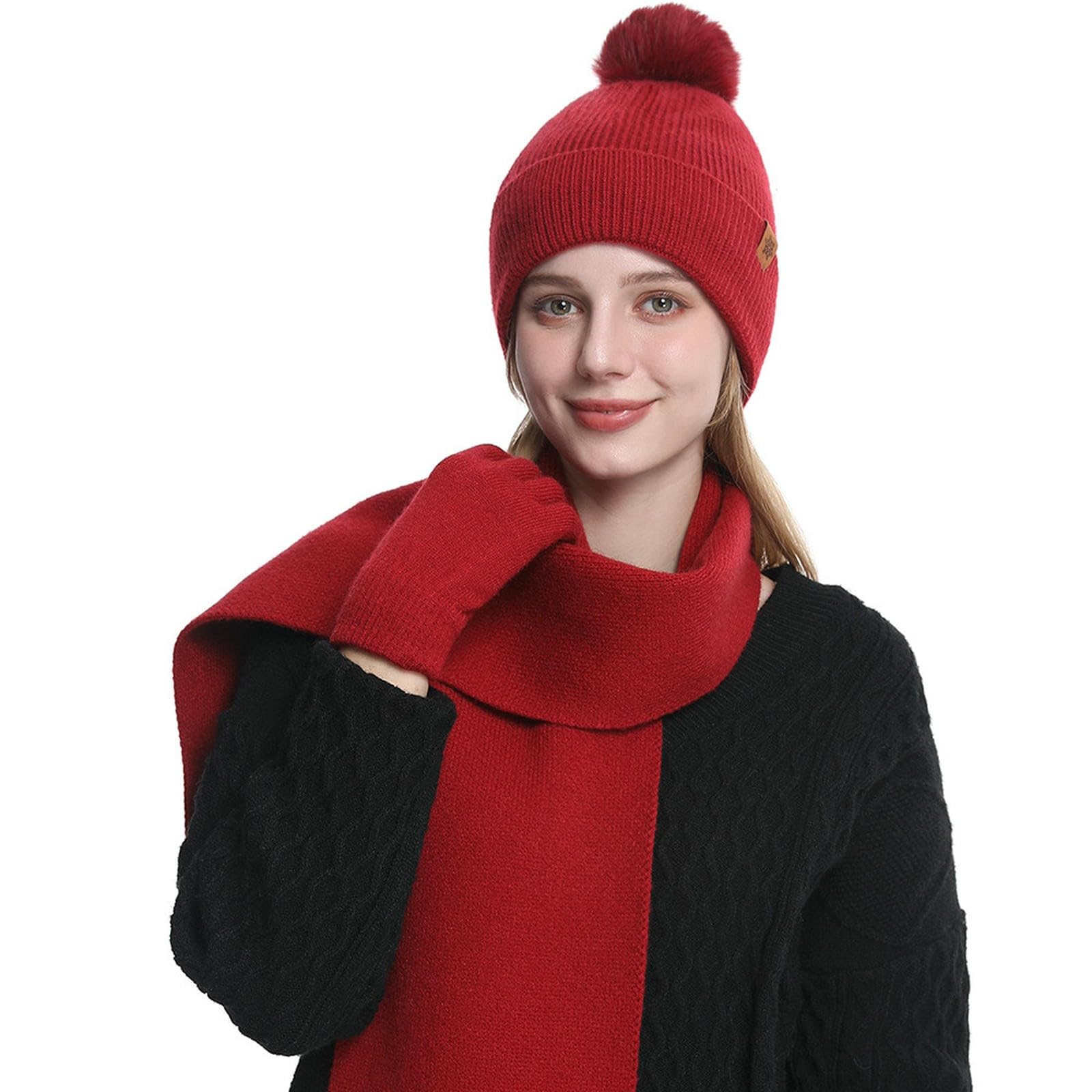 Set gorro bufanda guantes mujer invierno con forro polar doble capa térmico rojo