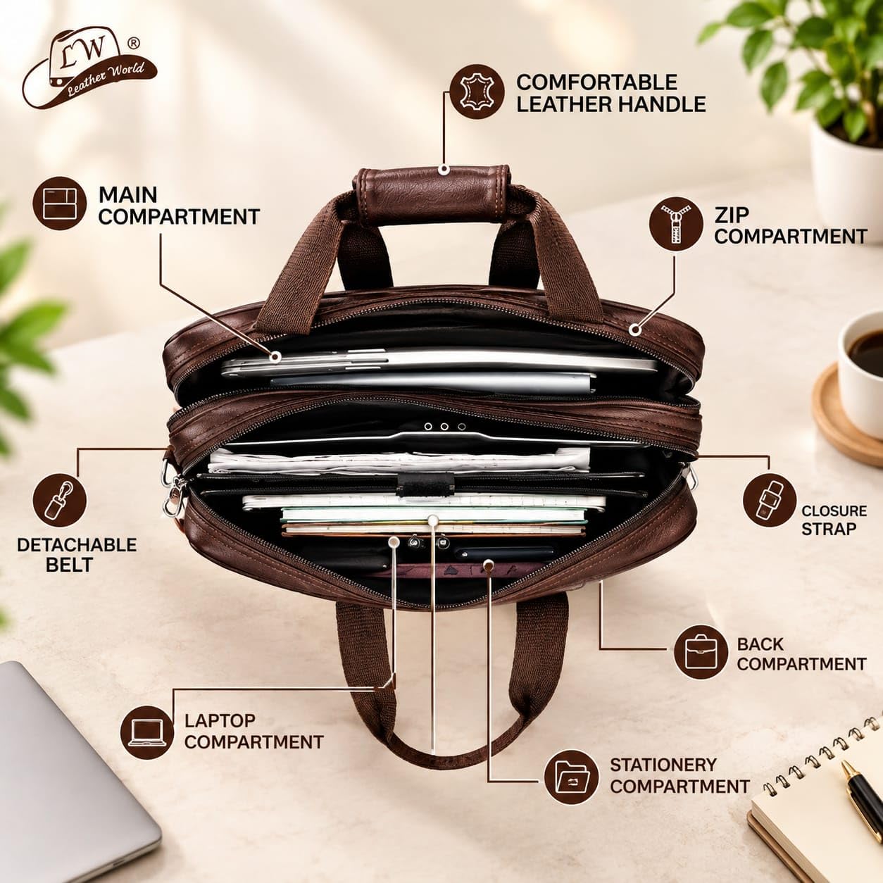 Leather World Vegan Leather 15.6 Inch Laptop Office Briefcase Messenger Bag Satchel for Men and Women, with Adjustable Strap and Expandable Bottom — Amazon image 2