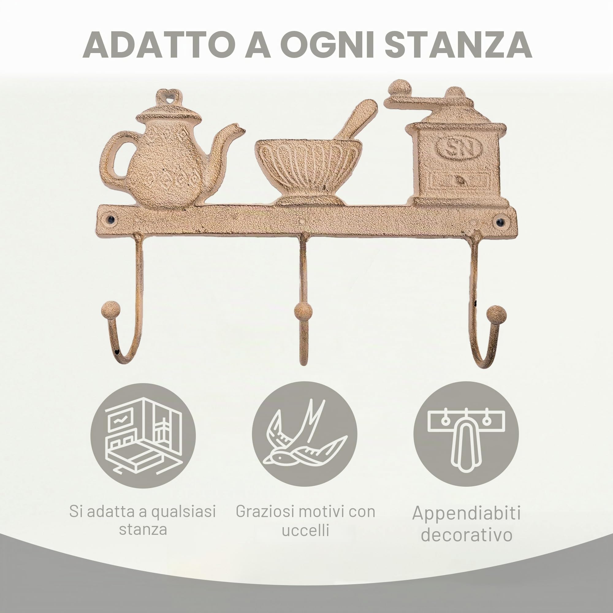 Gancio da Parete Decorativo in Ghisa con Motivo Caffè e Tre Ganci Circa 27 x 17 cm