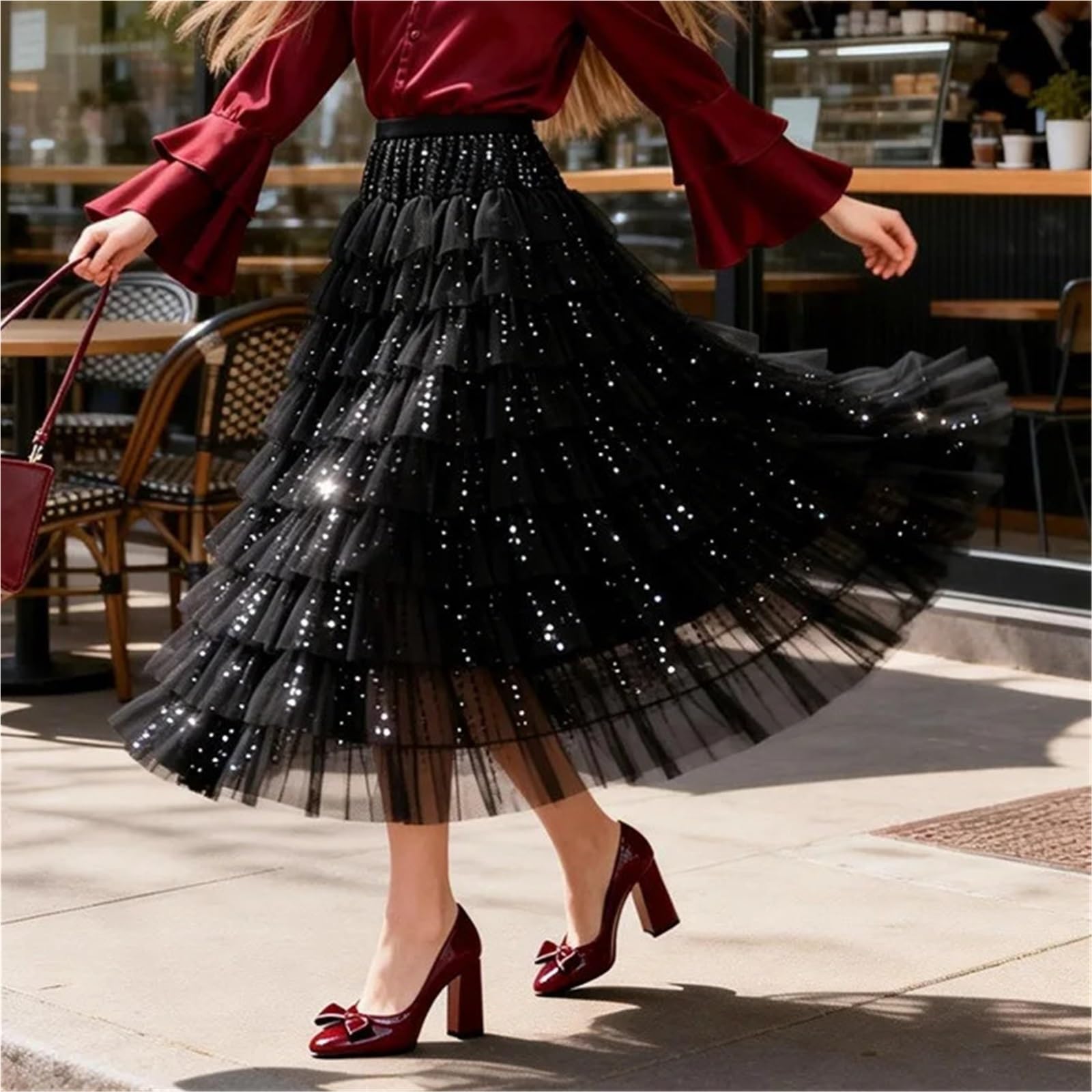 Gonna Torta con Paillettes Pesanti, Versatile e alla Moda da Donna