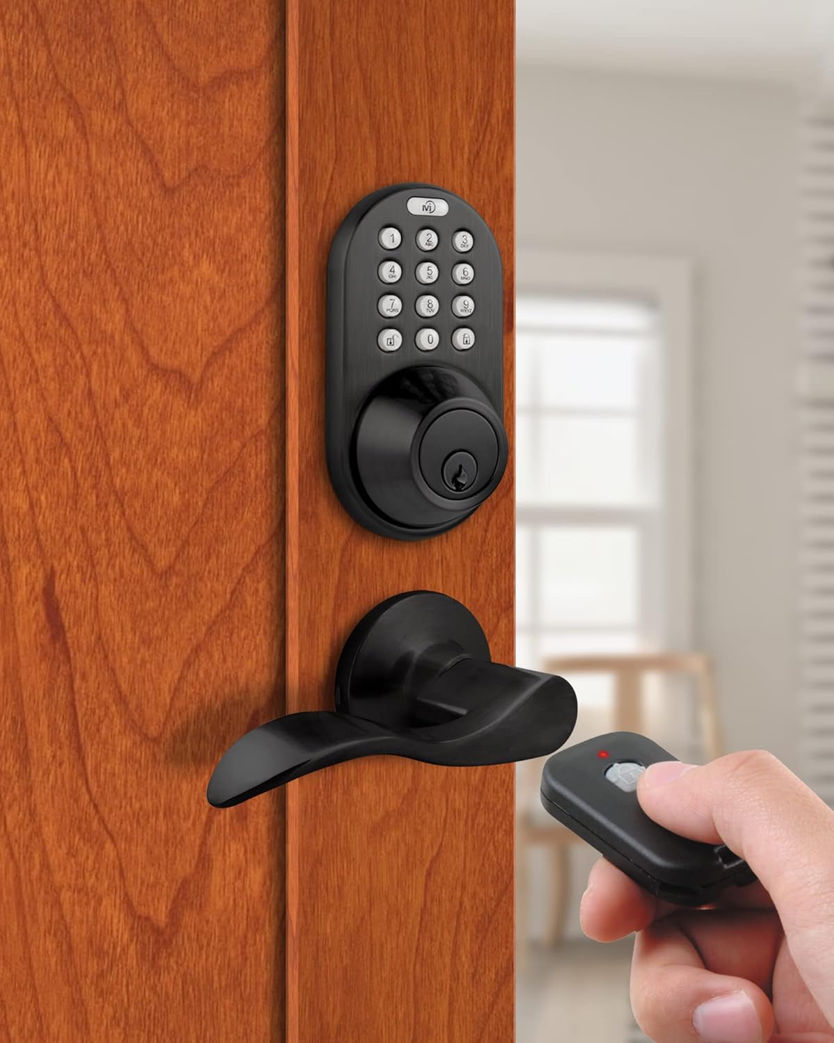 MiLocks XFL-02OB Digital Deadbolt Door Lock and Passage Lever Handle Combo with Keyless Entry via Remote Control and Keypad Code for Exterior Doors, Oil Rubbed Bronze