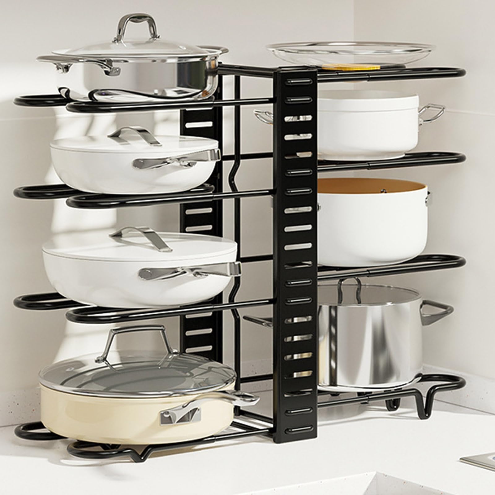 Portapentole da Terra, Organizzatore per Pentole e Padelle a 8 Livelli per Organizzazione e Conservazione della Cucina, Supporti per Coperchi per Pentole Regolabili e Portapadelle per Cucina, con 3