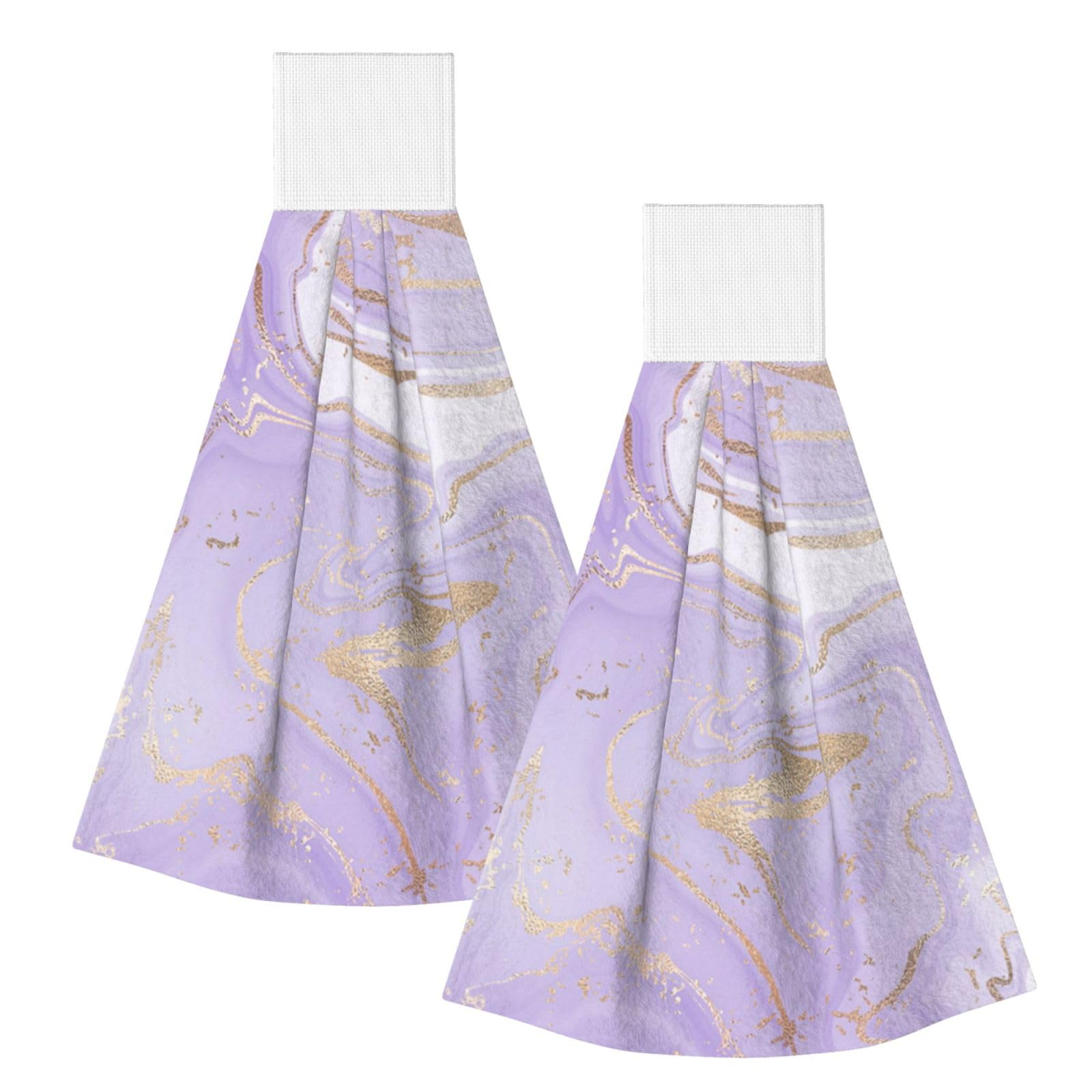 DOPKLNA Lavender Purple Marble Golden Line, 2 Pcs Hanging Coral Fiber Hand Towels for Bathroom, Absorbent Kitchen Towels