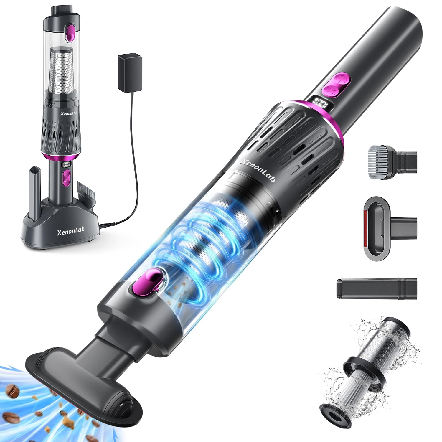 Photo 1 of XenonLab Handheld Vacuum Cordless 25000Pa Car Vacuum 3-in-1 Handheld Vacuum, Includes Smart Display and Charging Base Hand Vac Cordless Rechargeable One-Touch Empty for Home/Pet/Car (Violet)