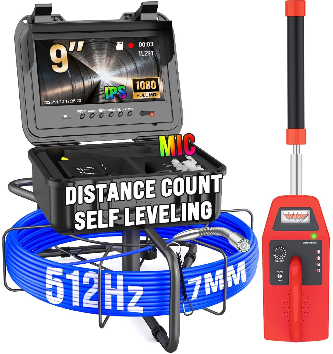 Sewer Camera with Locator with Self-Leveling and Distance Count, 512Hz Sonde IP68 Waterproof Cam, 9" Pipe Drain Inspection with 12pcs Light, DVR with 32GB Card, 7mm Cable (100FT)