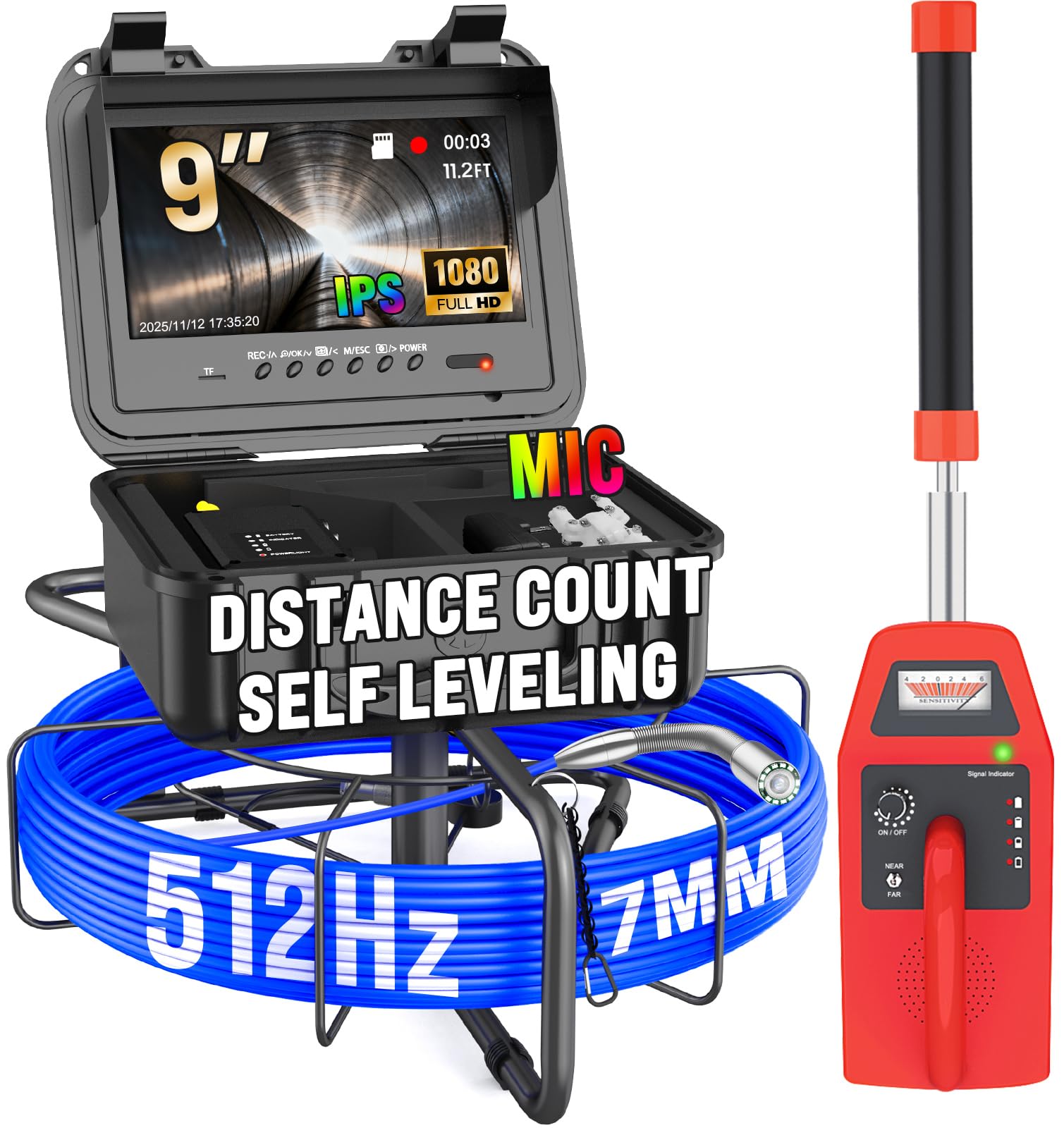 Sewer Camera with Locator with Self-Leveling and Distance Count, 512Hz Sonde IP68 Waterproof Cam, 9" Pipe Drain Inspection with 12pcs Light, DVR with