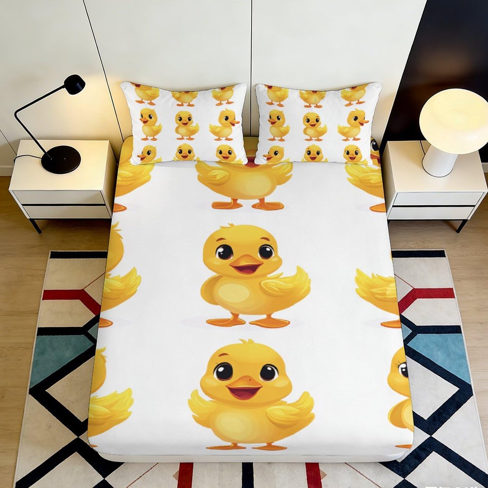 3D Printed Cute Yellow Duck Fitted Sheet Microfiber Soft Cartoon Duckling Mattress Cover for Kids Teen Bedroom Decor 140x200x25cm
