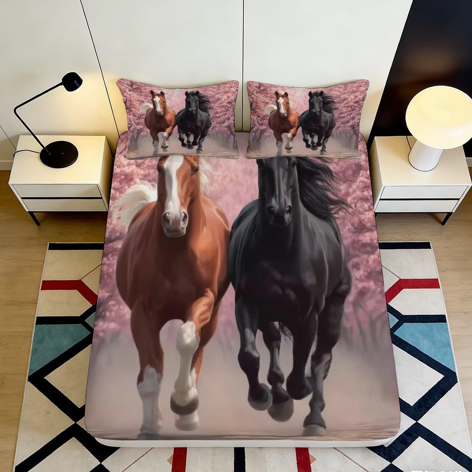 3D Printed Galloping Horse Fitted Sheet Microfiber Elastic Hem Deep Pocket Horse Mattress Fitted Cover for Bedroom 120x200x25cm