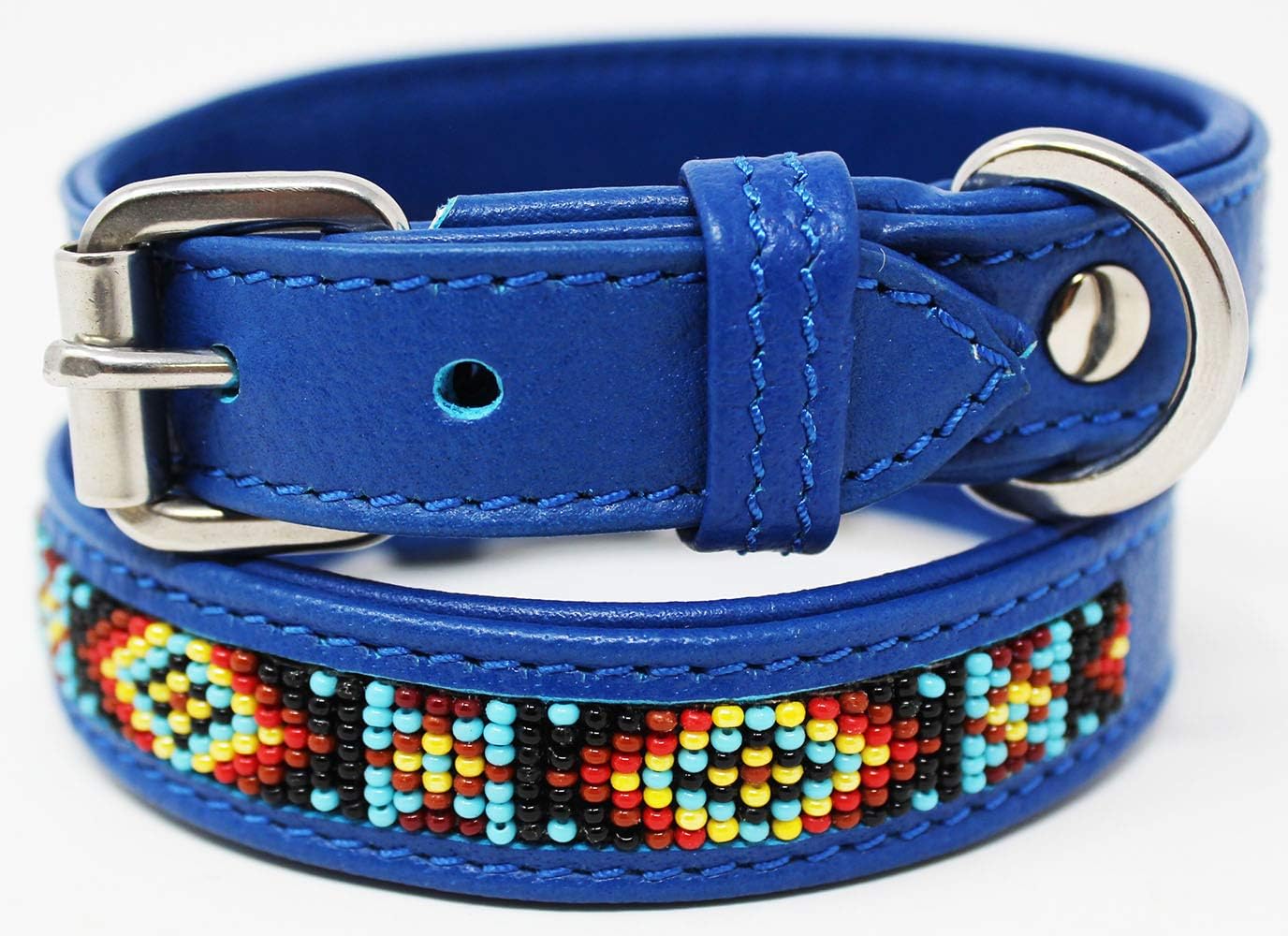 Medium 17''- 21'' Soft Genuine Leather Beaded Padded Dog Puppy Collar 60RT06RB
