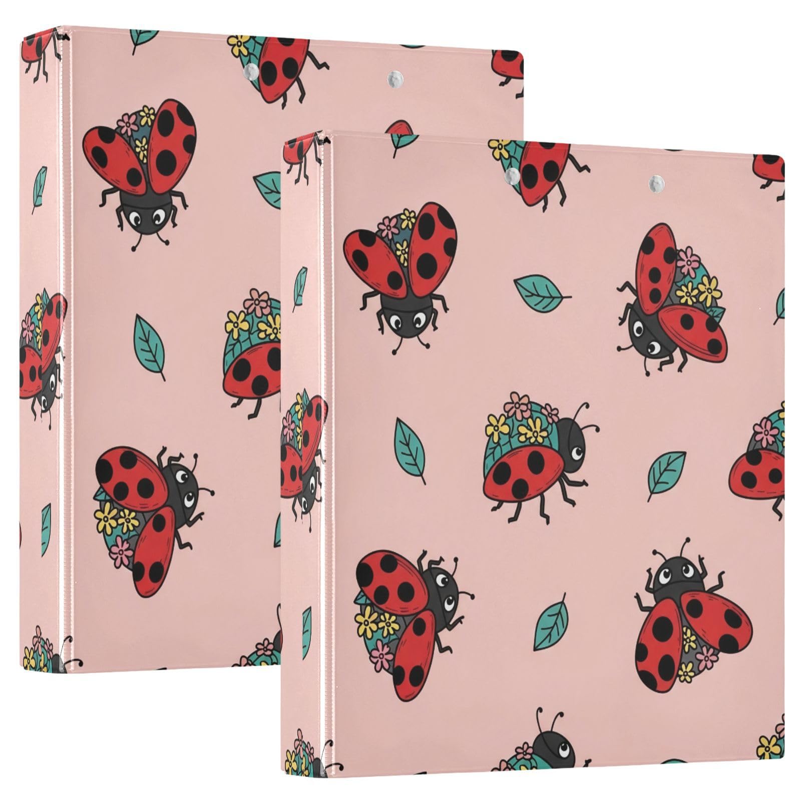 Raccoglitori ad anelli con 3 anelli, 3,8 cm, motivo coccinelle, decorativi, rotondi, con clip in metallo, formato A4, organizer per casa e ufficio, confezione da 2
