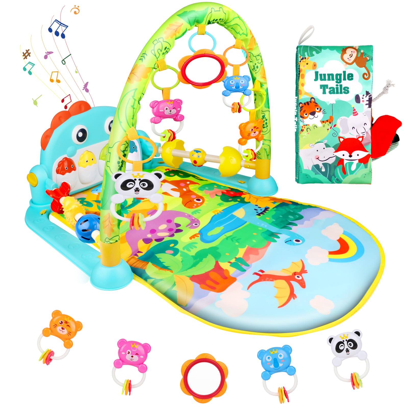 VZO Baby Gyms Play Mats, Infant Play Mat and Activity Gym, Baby Play Piano Gym Mat, Play Mats for Babies Newborns and Toddlers, Tummy Time Activity Mat Toys 0-3-6-12 Months (Dinosaur)